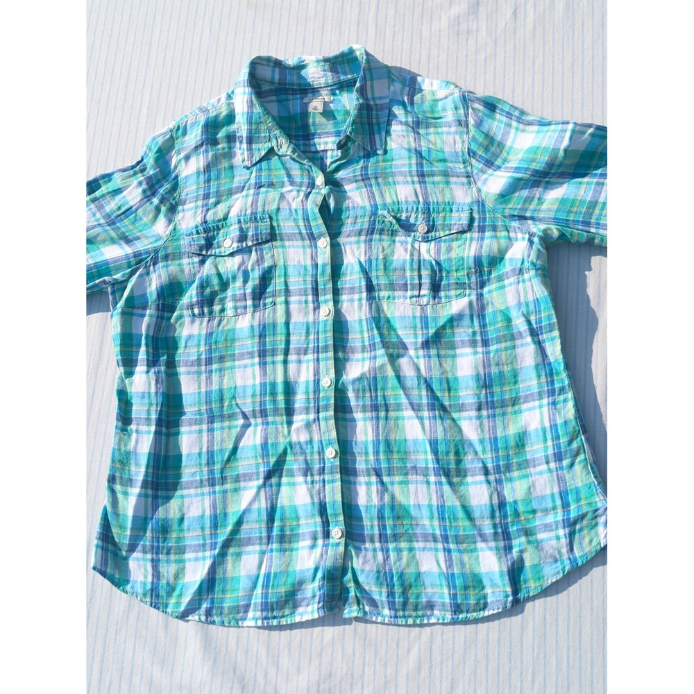 L.L.Bean Linen Button Down Shirt Plaid Short Sleeve‎ Casual XL